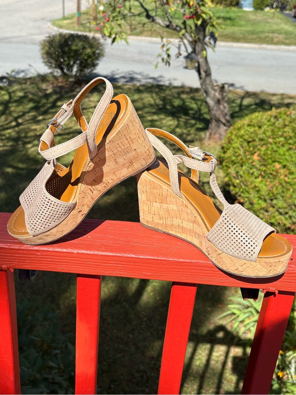 Franco Sarto Beige Cork Wedge Sandals